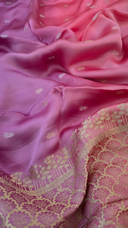 Shaded pink/ Lavender Satin Silk Saree