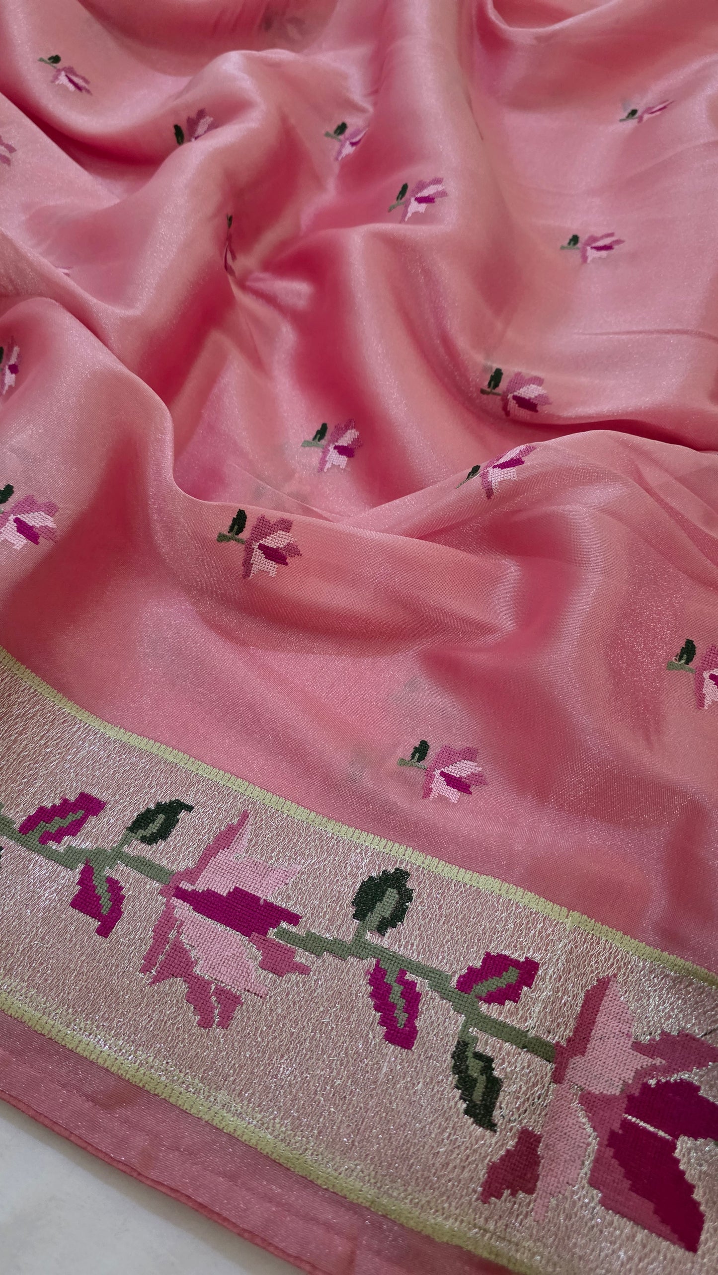 Blush pink Paithani border Tissue Silk Saree