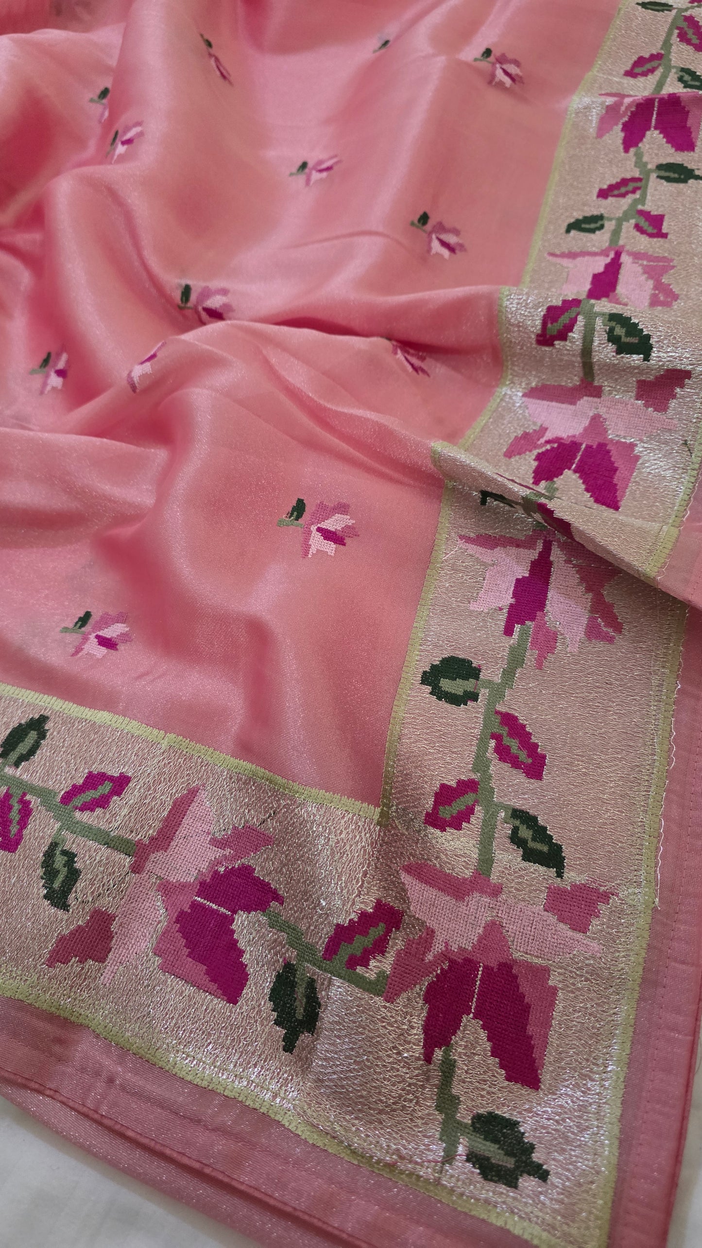 Blush pink Paithani border Tissue Silk Saree