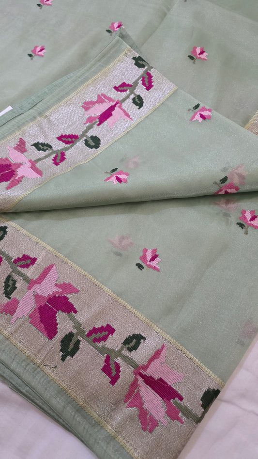 Green Paithani border Tissue Silk Saree