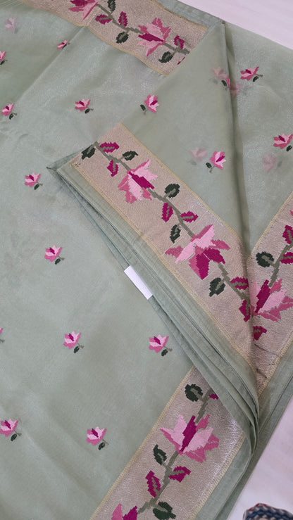 Green Paithani border Tissue Silk Saree