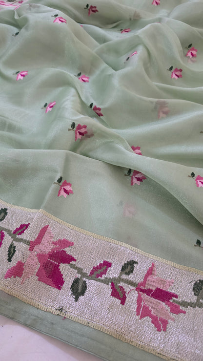 Green Paithani border Tissue Silk Saree