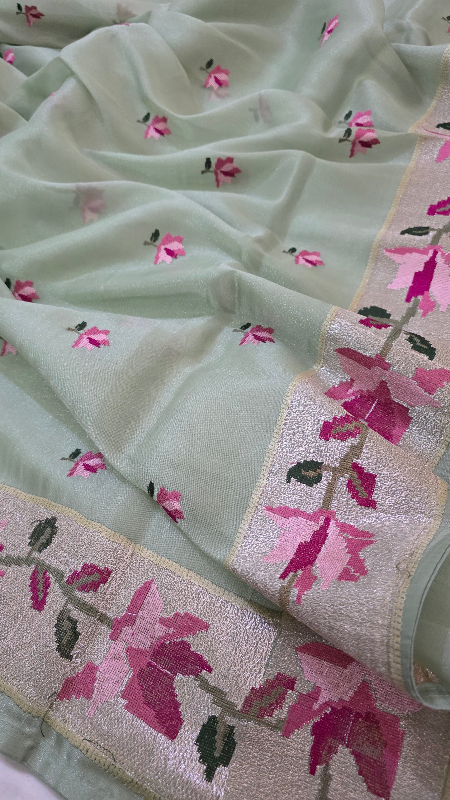 Green Paithani border Tissue Silk Saree