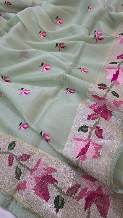 Green Paithani border Tissue Silk Saree