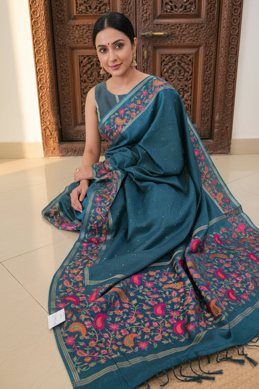 Teal green Tussar kashmiri thread work Saree