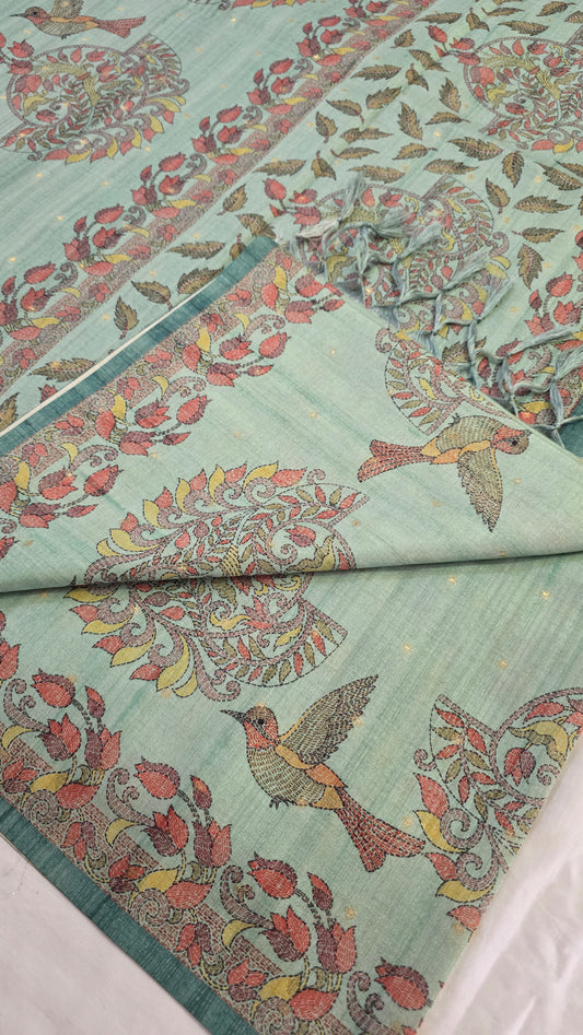 Sea Green Madhubani Semi Tussar Silk Saree