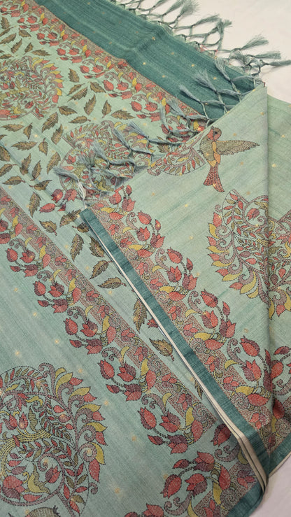 Sea Green Madhubani Semi Tussar Silk Saree