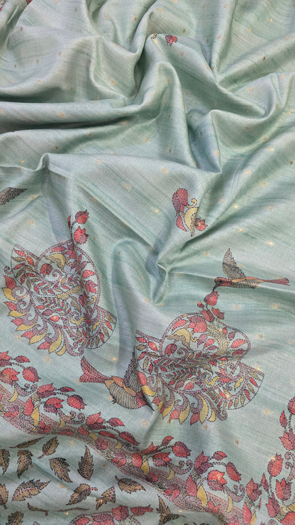Sea Green Madhubani Semi Tussar Silk Saree