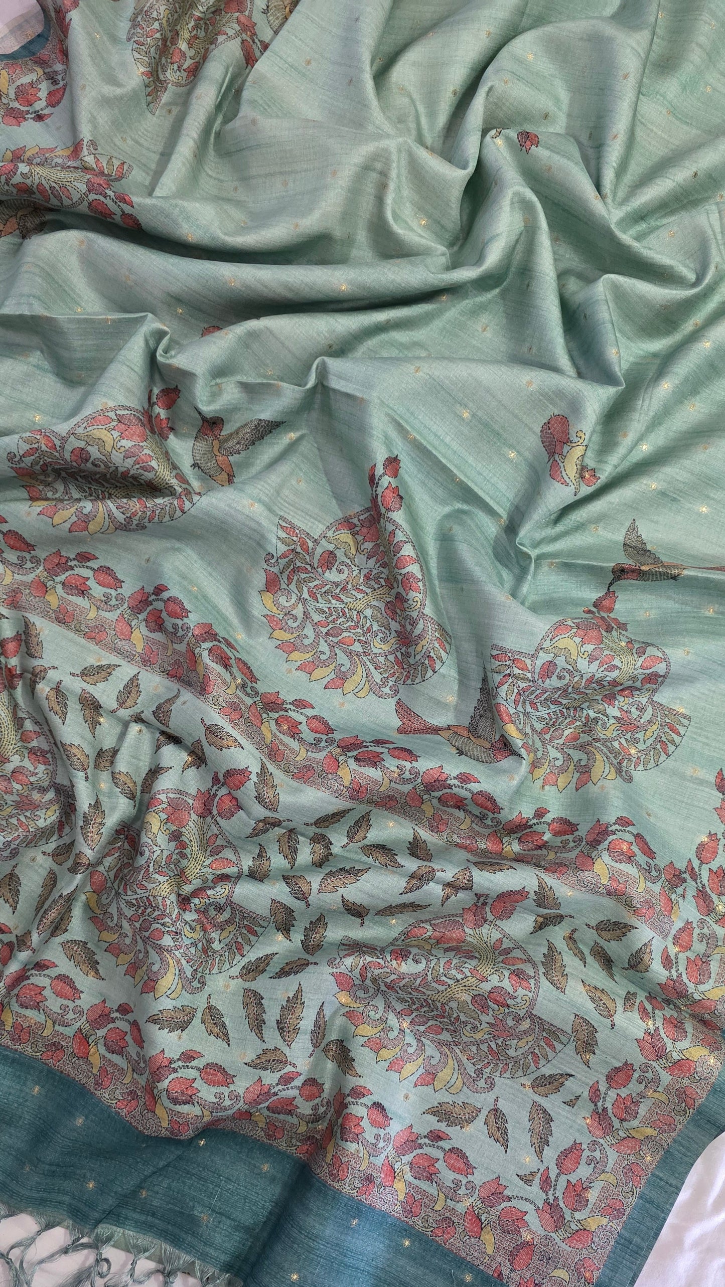 Sea Green Madhubani Semi Tussar Silk Saree