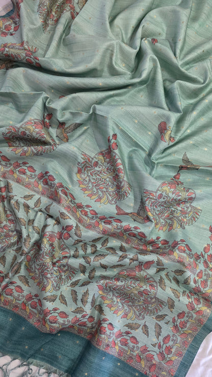 Sea Green Madhubani Semi Tussar Silk Saree