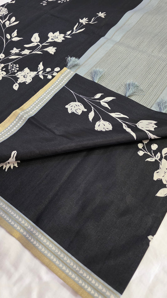 Black Floral Tussar silk  Saree