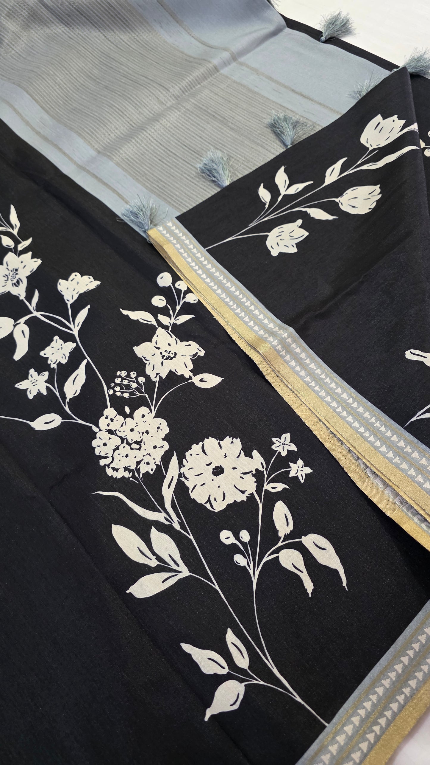 Black Floral Tussar silk  Saree
