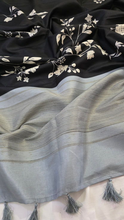 Black Floral Tussar silk  Saree
