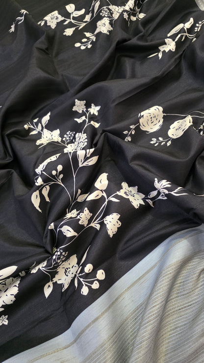 Black Floral Tussar silk  Saree
