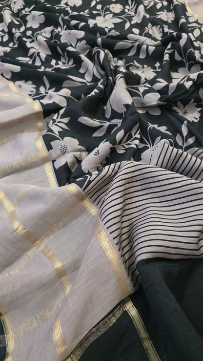 Black floral Viscose Silk saree