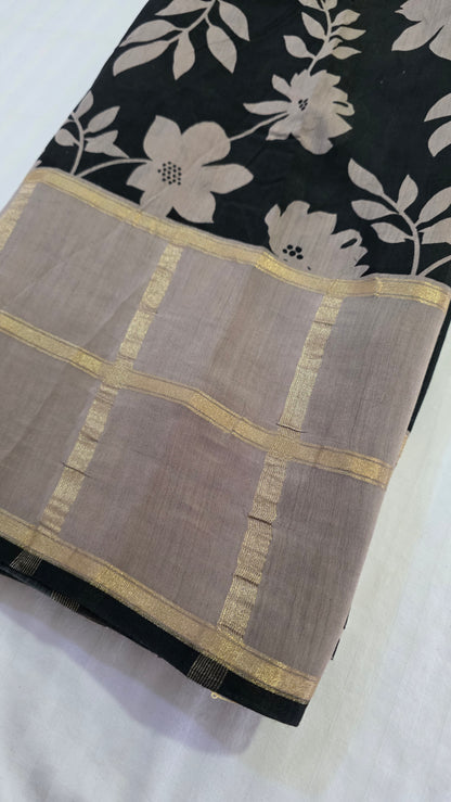 Black floral Viscose Silk saree