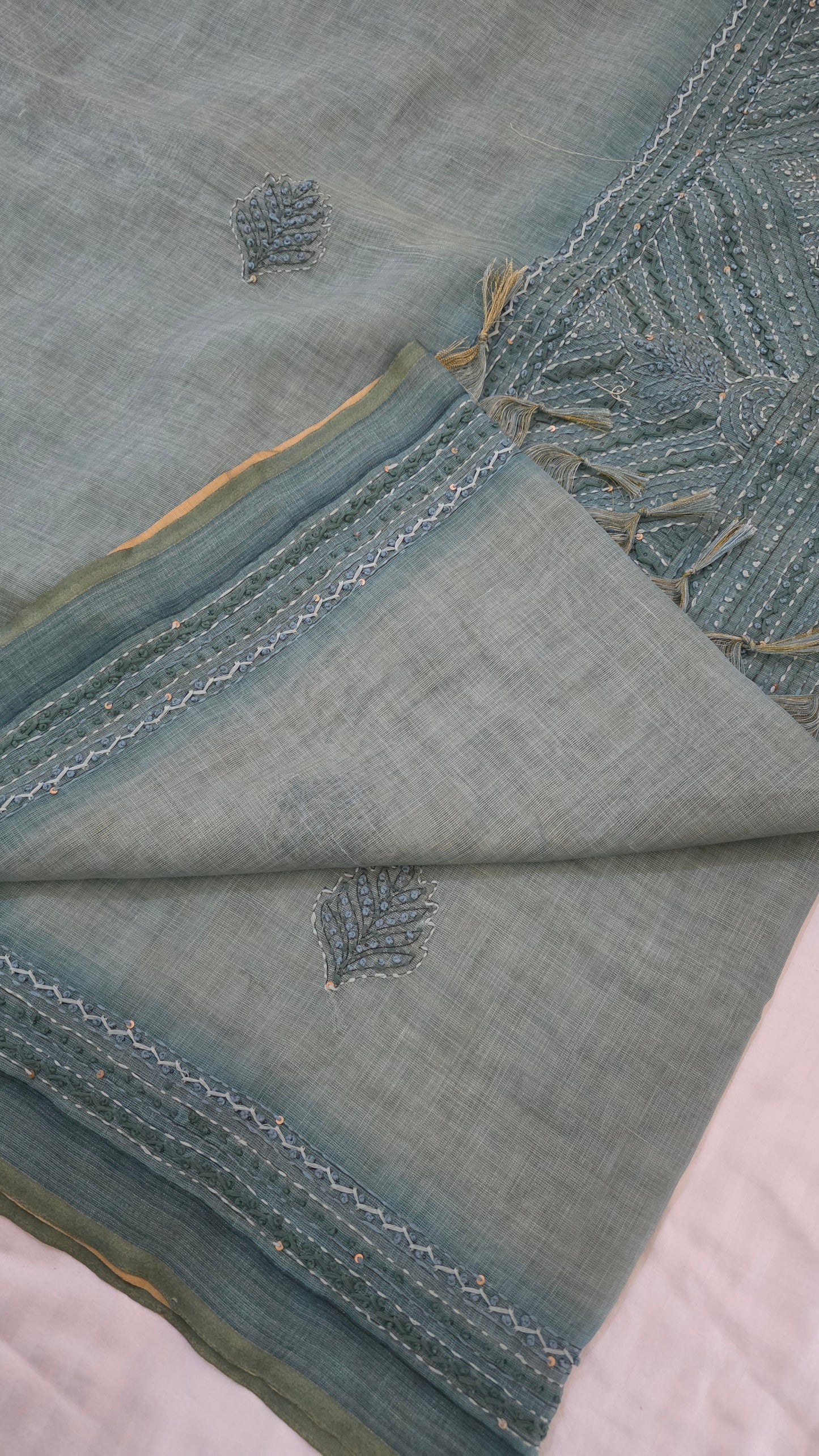 Teal Embroidered Linen Tissue Silk Saree