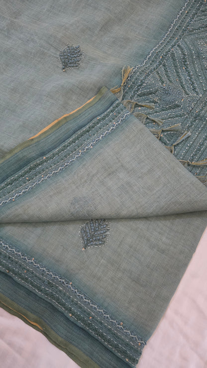 Teal Embroidered Linen Tissue Silk Saree