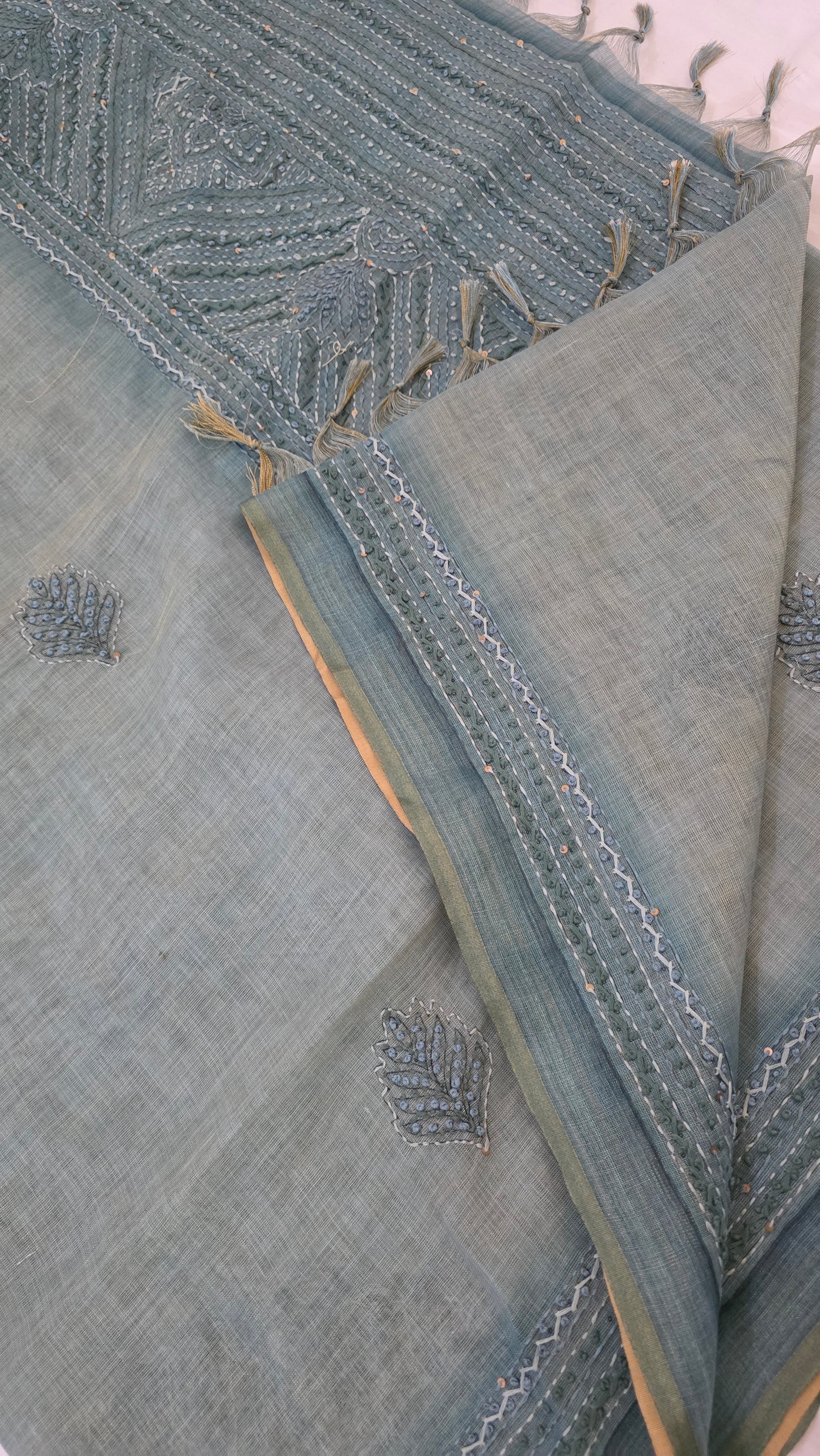 Teal Embroidered Linen Tissue Silk Saree