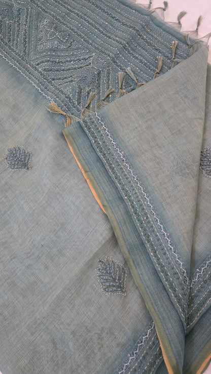 Teal Embroidered Linen Tissue Silk Saree