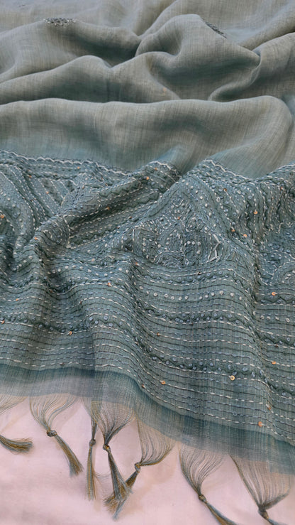 Teal Embroidered Linen Tissue Silk Saree