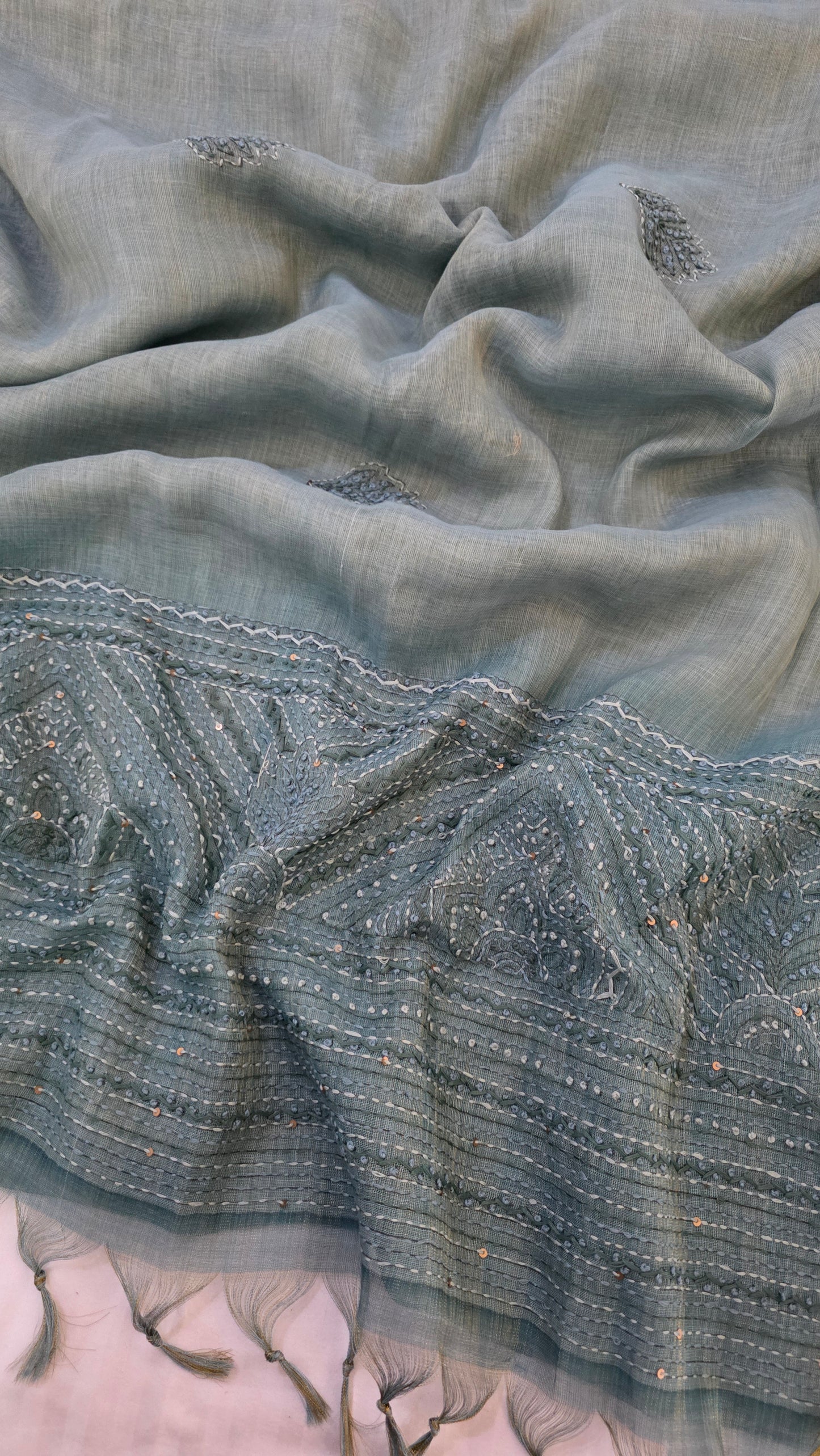 Teal Embroidered Linen Tissue Silk Saree