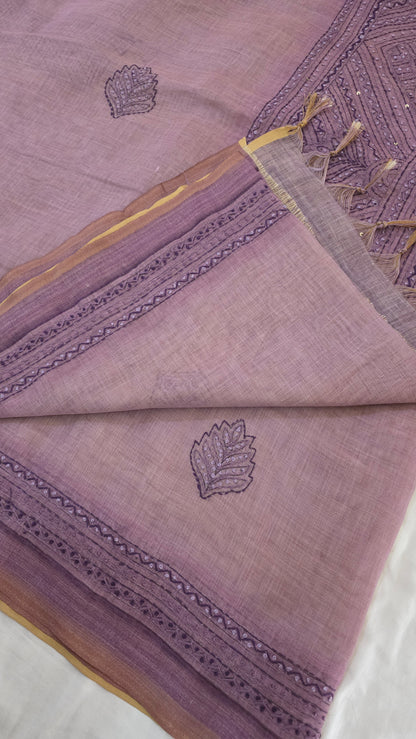 Lavender Embroidered Linen Tissue Silk Saree