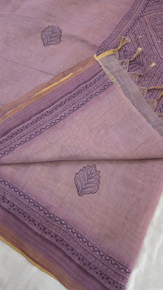 Lavender Embroidered Linen Tissue Silk Saree
