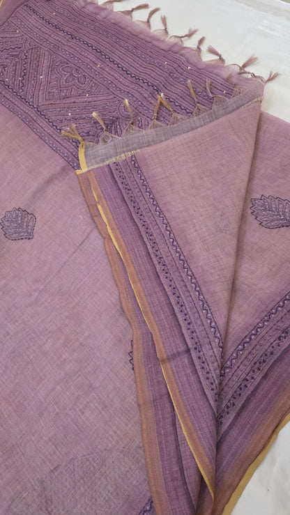 Lavender Embroidered Linen Tissue Silk Saree
