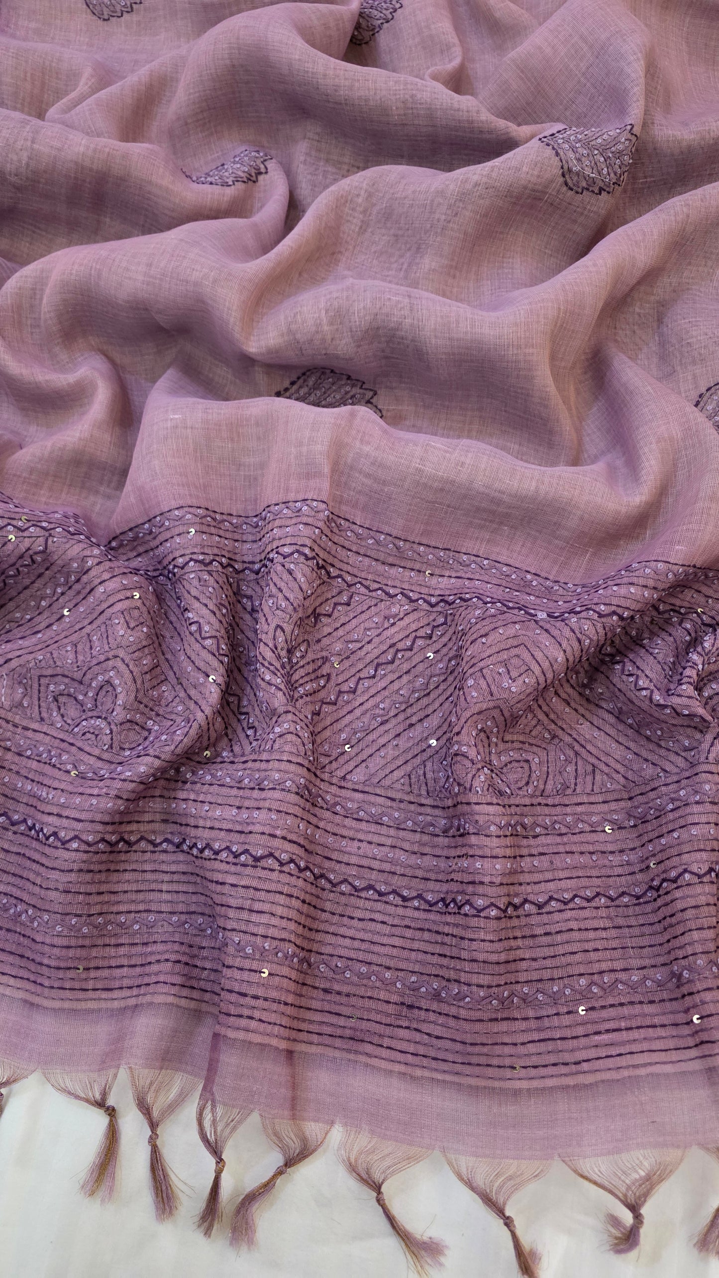 Lavender Embroidered Linen Tissue Silk Saree