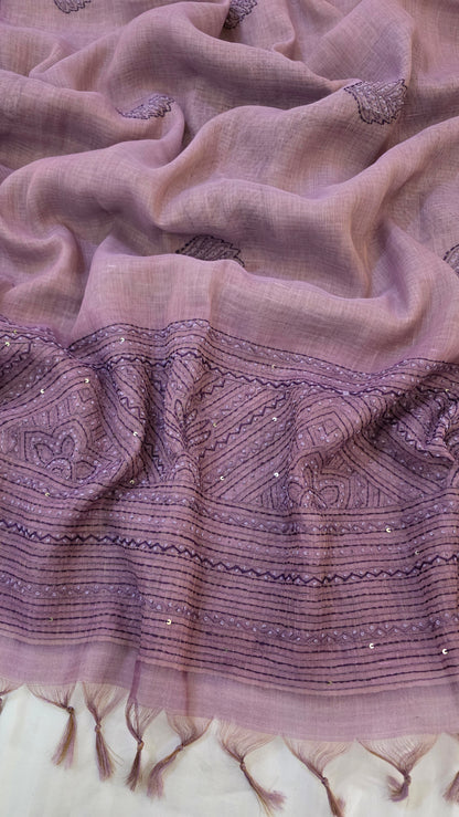 Lavender Embroidered Linen Tissue Silk Saree