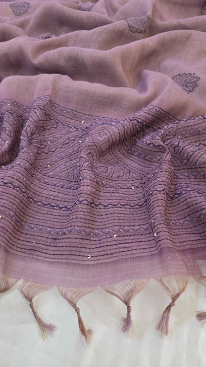 Lavender Embroidered Linen Tissue Silk Saree