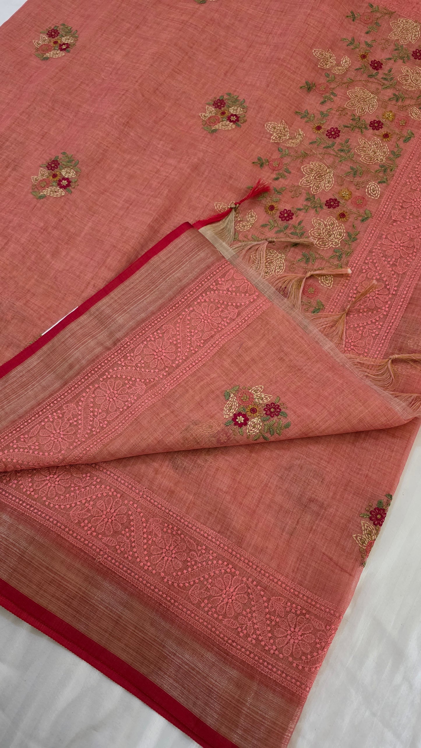 Coral Embroidered Linen Tissue Silk Saree