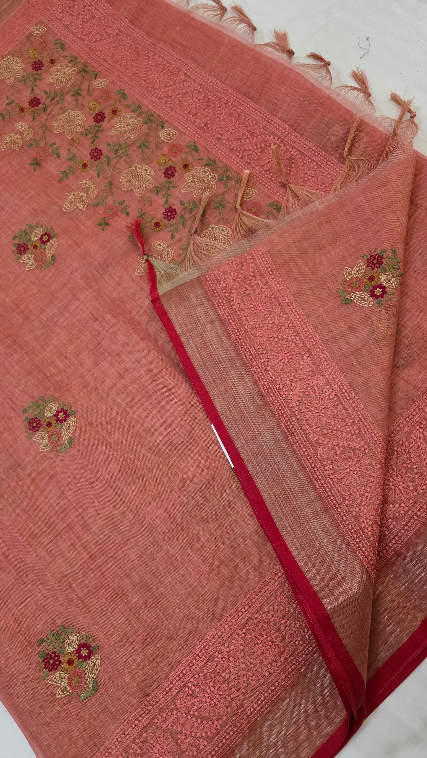 Coral Embroidered Linen Tissue Silk Saree
