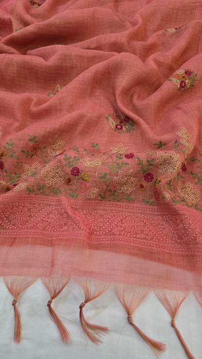 Coral Embroidered Linen Tissue Silk Saree