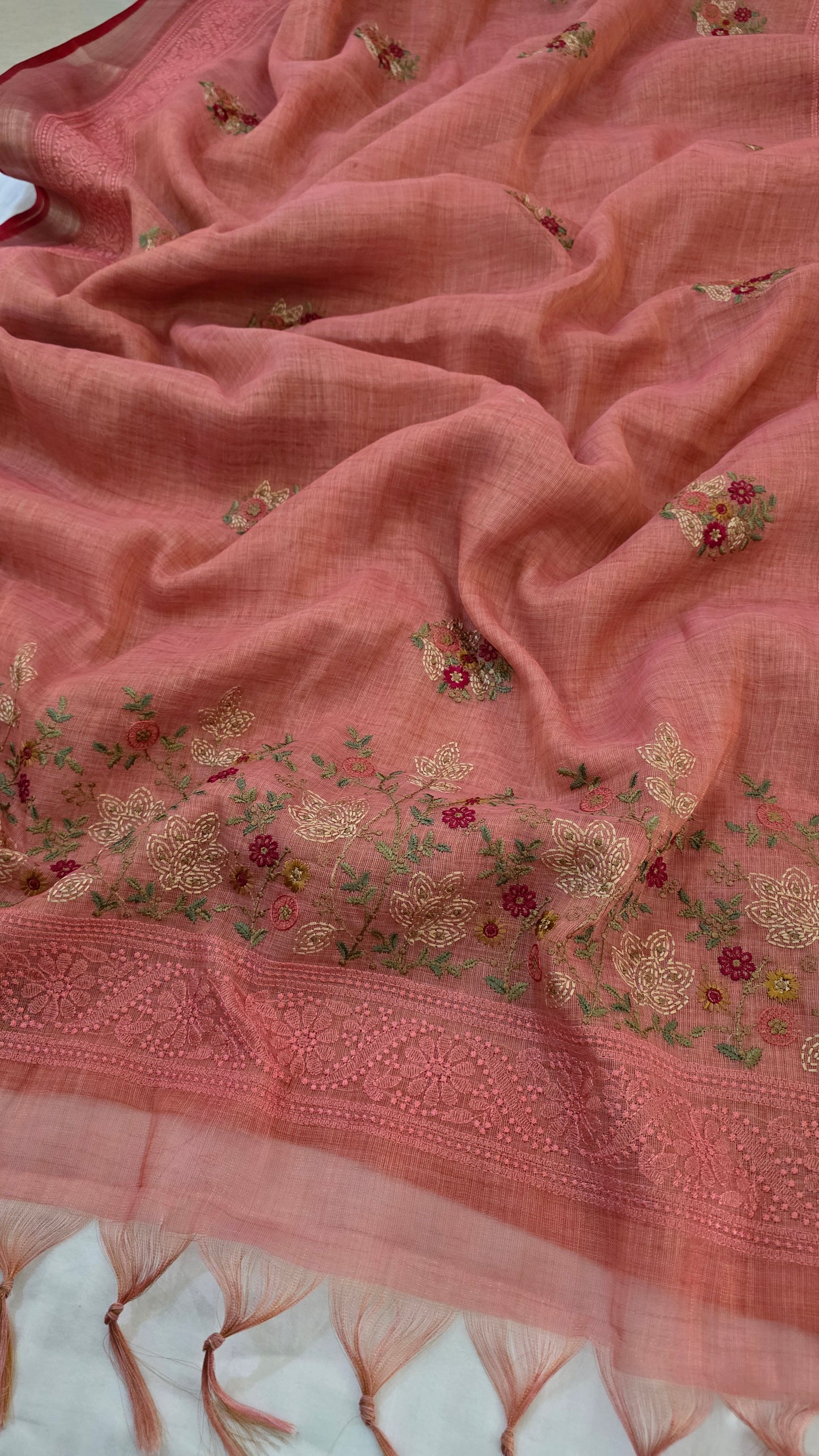 Coral Embroidered Linen Tissue Silk Saree