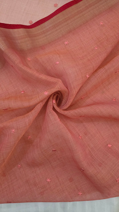 Coral Embroidered Linen Tissue Silk Saree
