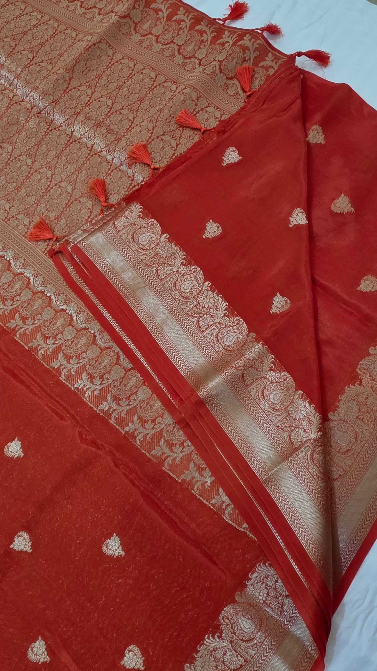 Orange Semi Banarasi silk | bird weave