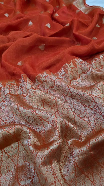 Orange Semi Banarasi silk | bird weave