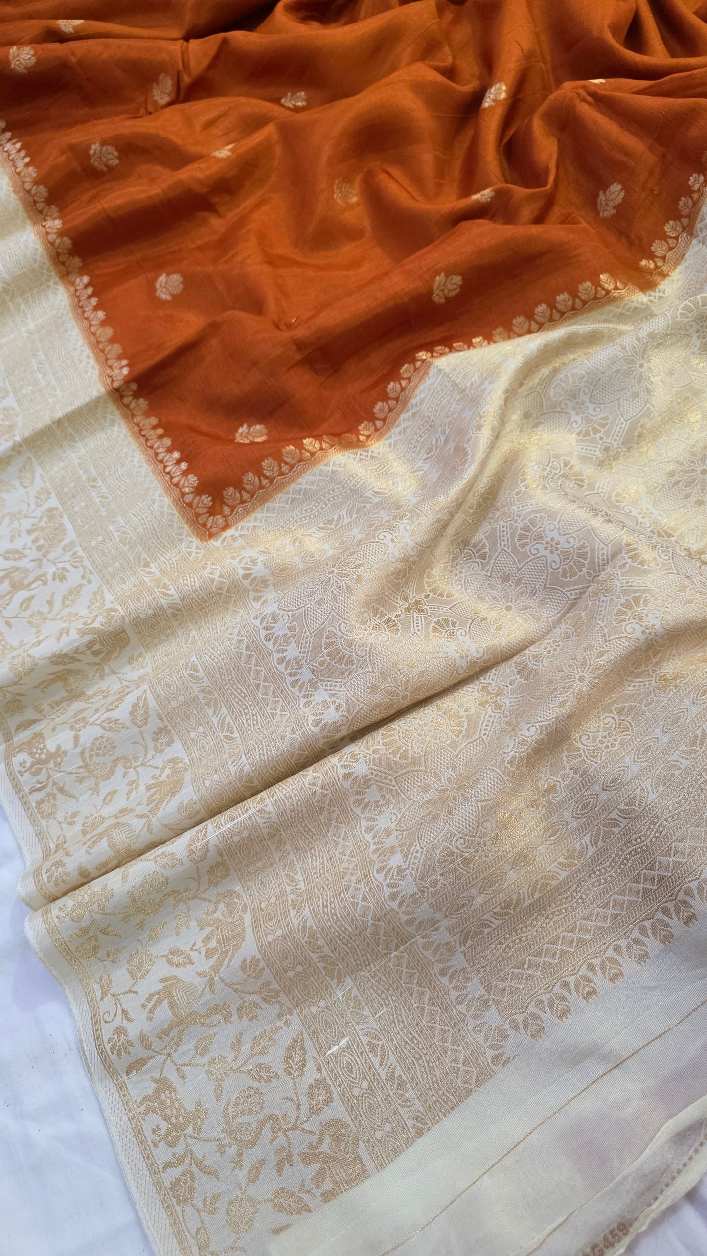 Orange with Ivory contrast Banarasi Silk Saree