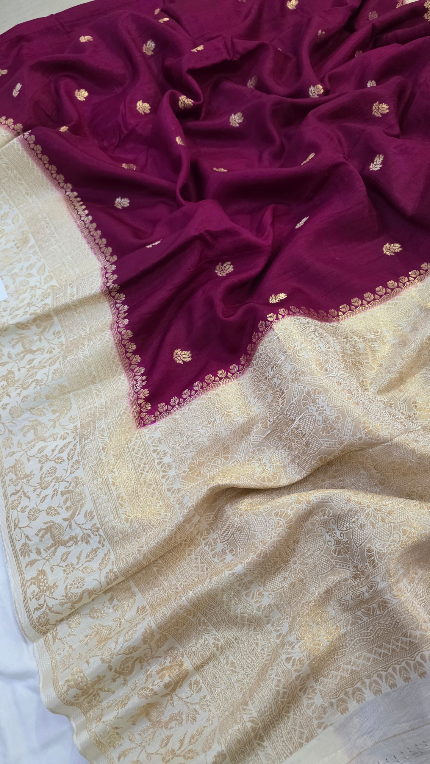 Wine with Ivory contrast Banarasi Silk Saree