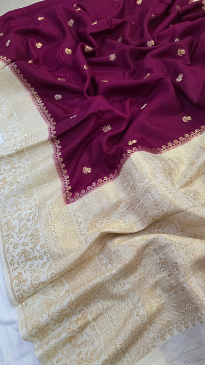Wine with Ivory contrast Banarasi Silk Saree