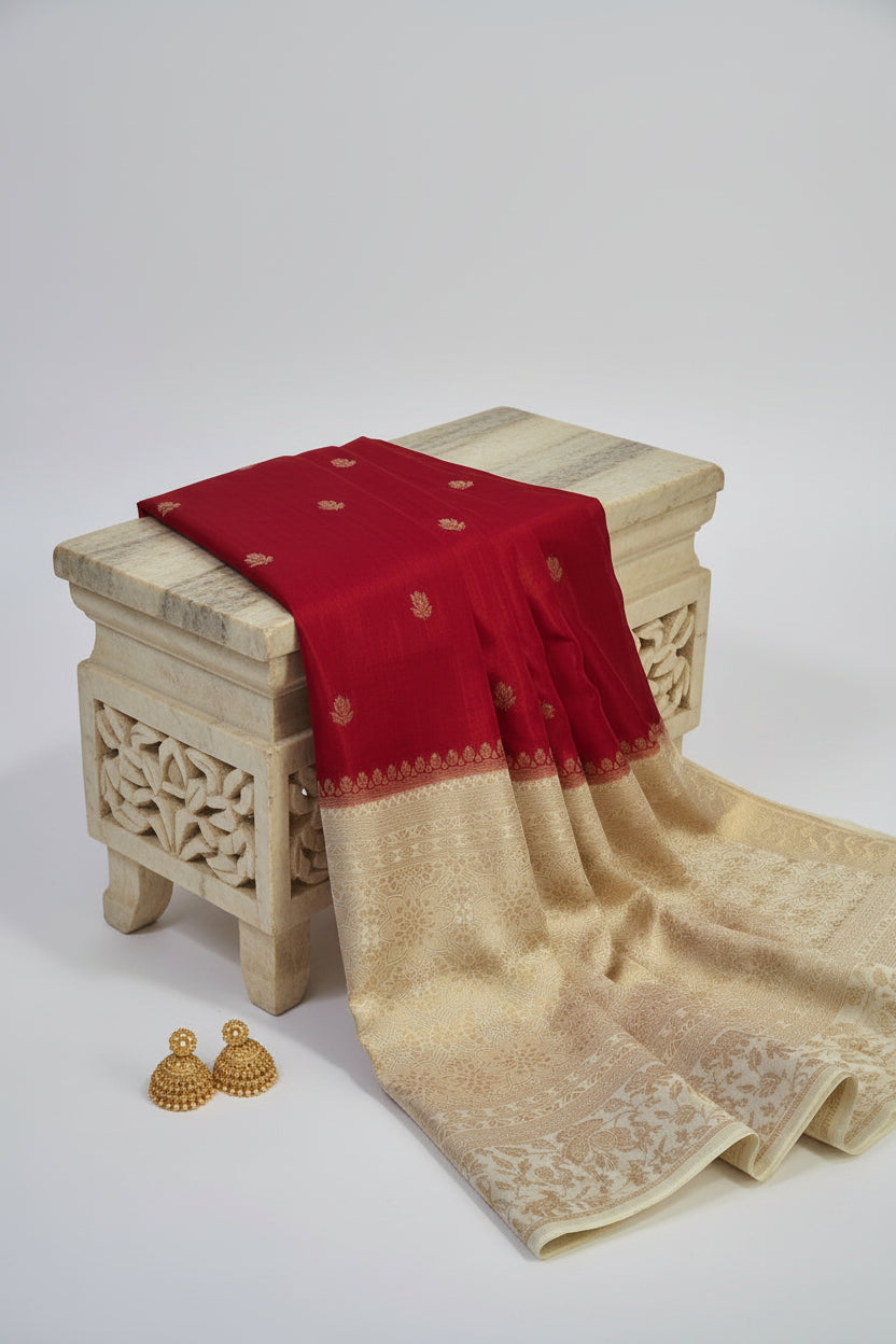 Red with Ivory contrast Banarasi Silk Saree