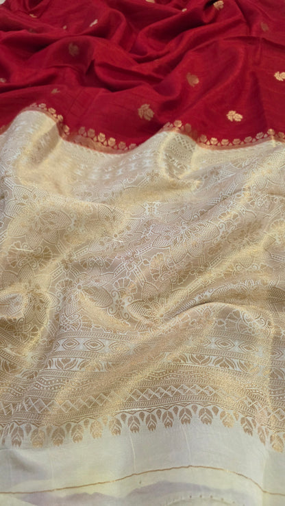 Red with Ivory contrast Banarasi Silk Saree