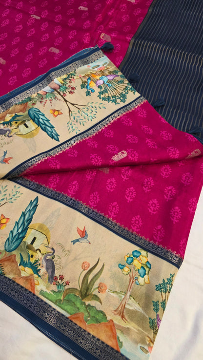 Pink Blue Dola silk figure Saree