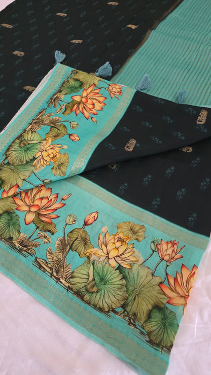 Black  Blue Dola silk figure Saree
