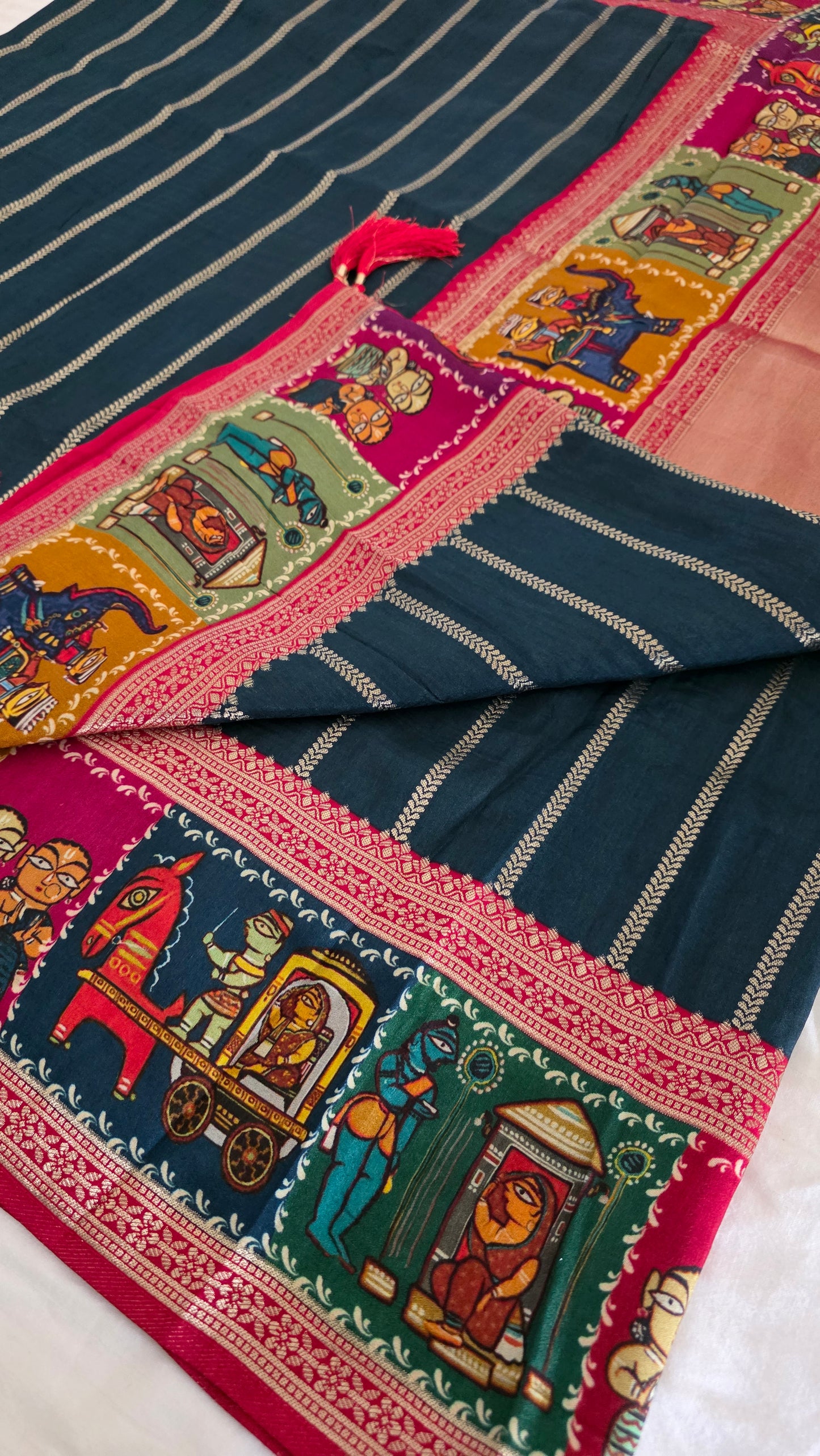 Teal blue Dola silk figure Saree