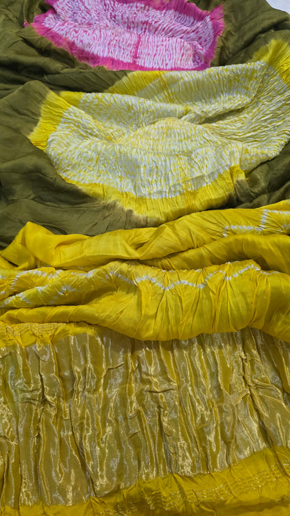 Yellow Green Pure  Dola silk Bandhej Saree