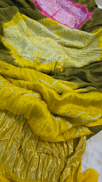 Yellow Green Pure  Dola silk Bandhej Saree