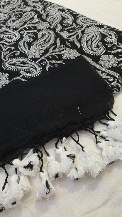 Black and white Mulmul Chikankari embroidery Saree